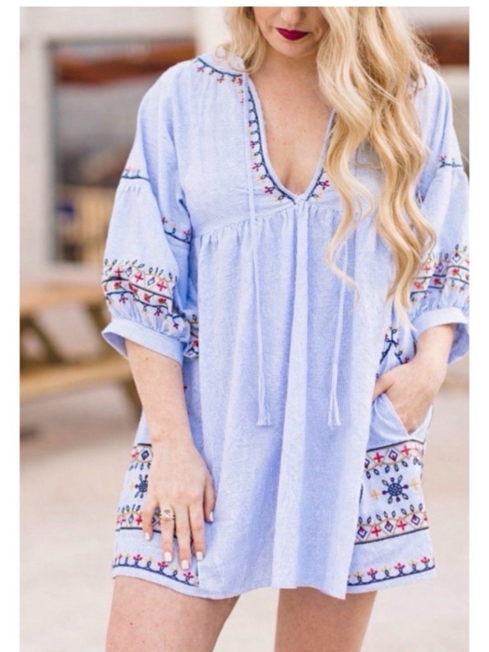 Forever 21 Blue & White Striped Embroidered Peasant Blouse